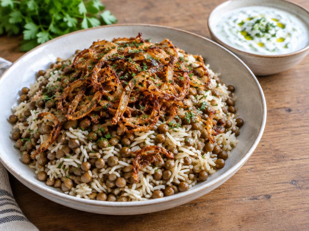 Mujadara with yoghurt sauce